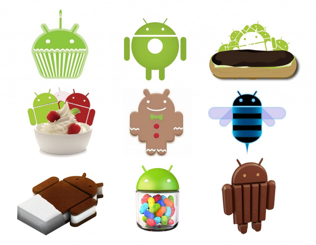 Além de um codinome, cada versão do Android tem um logo. De cima para baixo, da esquerda para a direita: Cupcake, Donut, Eclair, Froyo, Gingerbread, Honeycomb, Ice Cream Sandwich, Jelly Bean e KitKat, 