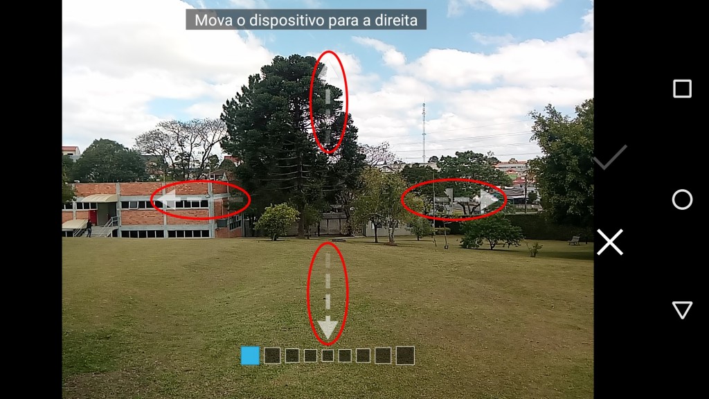 As setas indicam as 4 direções possíveis para captura de um panorama. Basta mover o smartphone na direção desejada.