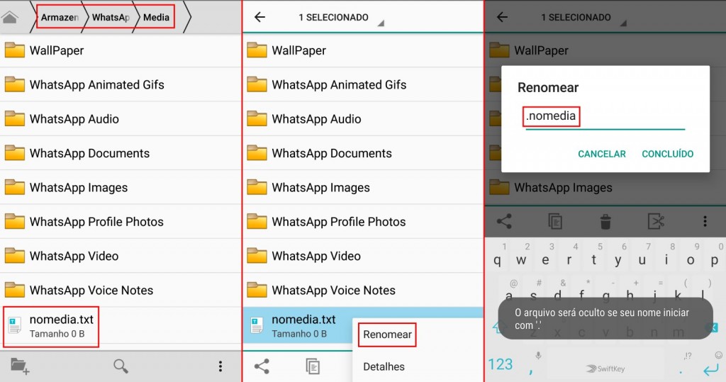 No smartphone, renomeie o arquivo para .nomedia para ocultar imagens e vídeos do WhatsApp