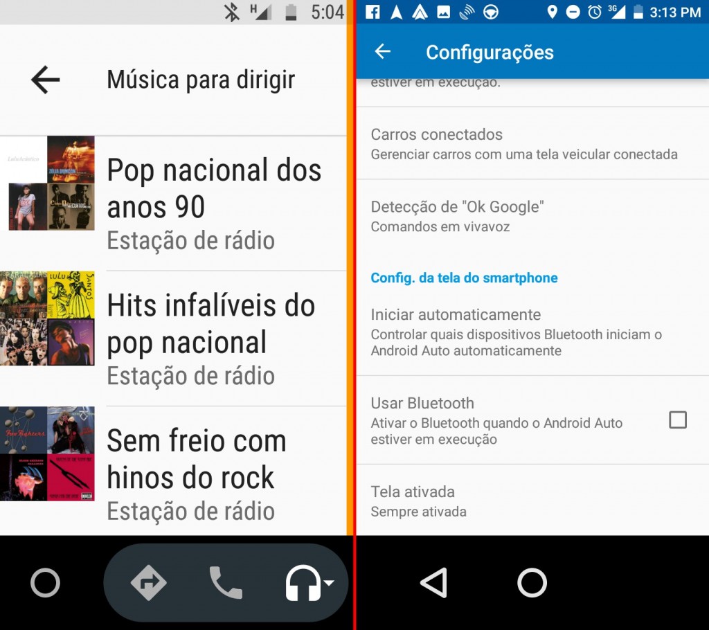 No modo Android Auto, o Google Play Music sugere músicas "para a estrada". À direita, tela de configurações do app.