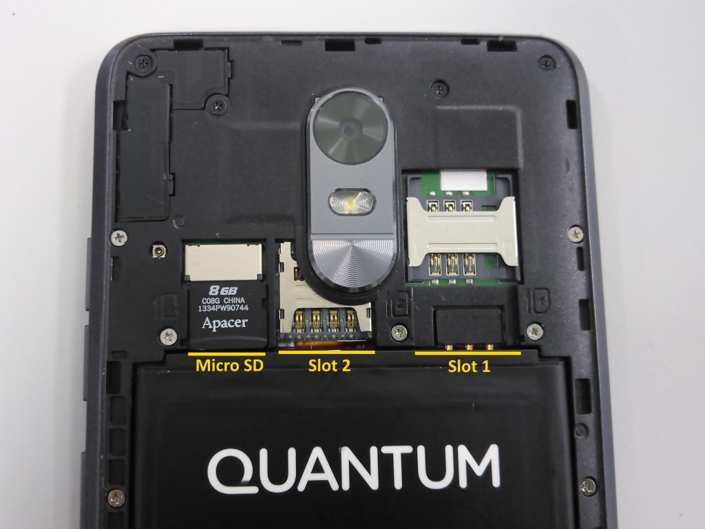 Os slots para cartões micro SD e SIM Cards num Quantum MUV
