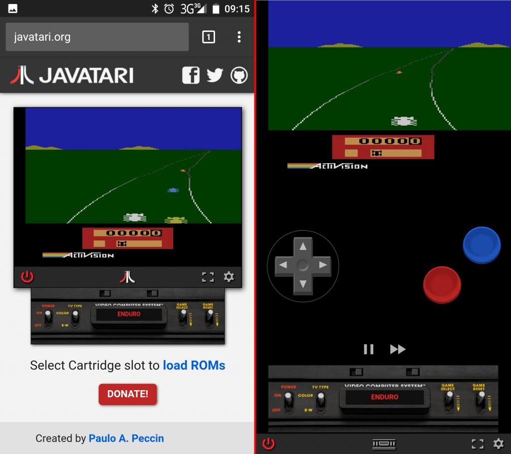 O emulador "Javatari" rodando dentro do navegador (à esquerda) e em tela cheia como um app (à direita)., com ganho de desempenho.